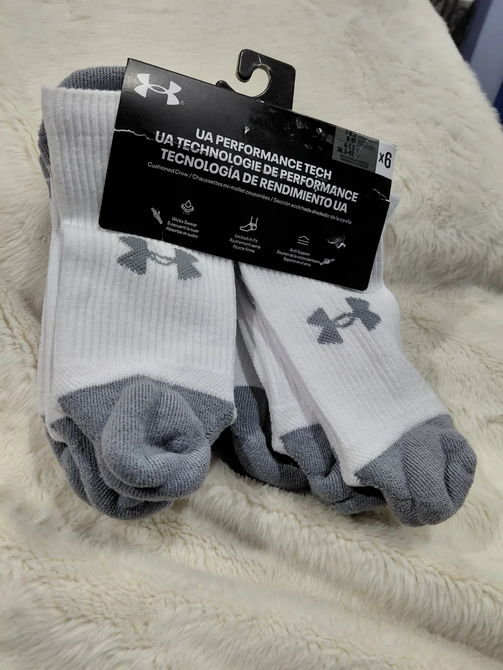 NWT Under Armour UA Performance Tech Cushioned Crew Socks - White/Grey (6 Pack)